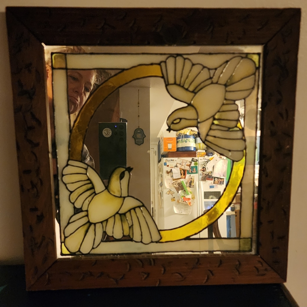 Vintage Doves Bird Art Mirror with Wooden Frame